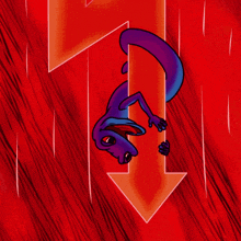 a purple lizard is hanging from a red arrow pointing down