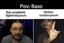 two pictures of a man with glasses and the words pov baso