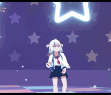 a girl in a school uniform is standing in front of a star with the words crying lex written on the bottom