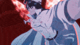 a cartoon character with a white coat and black hair is flying through the air