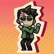 a cartoon drawing of a person with a green face