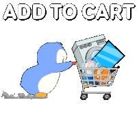 a penguin pushing a shopping cart with a washing machine in it and the words add to cart below it