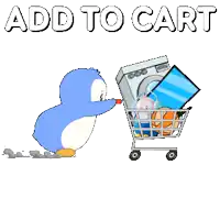 a penguin pushing a shopping cart with a washing machine in it and the words add to cart below it