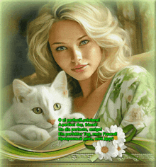 a painting of a woman holding a white cat with a poem written in another language