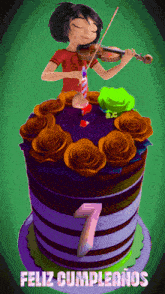 a cartoon girl playing a violin on top of a birthday cake