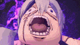 a close up of a cartoon character with a purple background