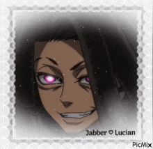 a picture of a man with purple eyes and the name jabber lucian