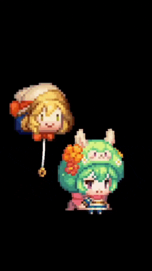 a pixel art of a girl holding a balloon and another girl holding a balloon .