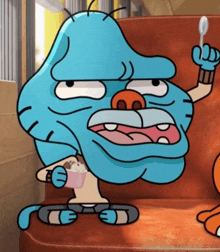 gumball from the amazing world of gumball is sitting on a couch eating ice cream