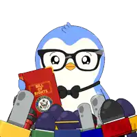 a penguin holding a bill of rights surrounded by microphones