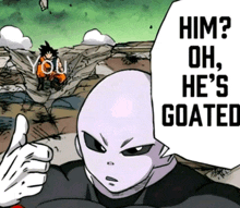 a cartoon character is giving a thumbs up with the words him oh he 's goated