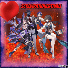 a group of anime characters standing next to each other with a red heart and the words screwrationhertamei on top