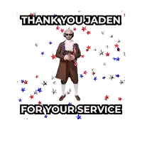 a poster that says thank you jaden for your service with a man in a suit