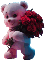 a teddy bear holds a bouquet of red roses