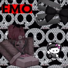 a picture of a girl and a hello kitty with the word emo on the top