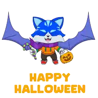 a blue cat with bat wings is holding a pumpkin and a candy cane and the words happy halloween below it