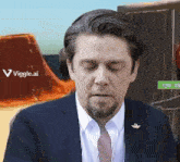 a man in a suit and tie with his eyes closed and a viggle.ai logo behind him