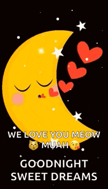 a cartoon illustration of a sleeping crescent moon with red hearts coming out of it .