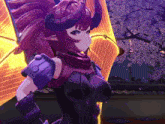 a girl with horns and purple hair is standing in front of a tree with flowers