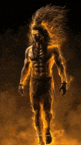 a painting of a man with fire coming out of his chest and arms