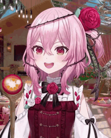 a girl with pink hair and red eyes is holding a wand