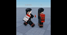 two roblox characters are walking and one has a red shield and the other has a white sword