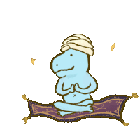 a cartoon of a dinosaur wearing a turban flying on a purple rug