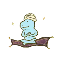a cartoon of a dinosaur wearing a turban flying on a purple rug