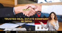 an ad for a real estate company in india with a woman pointing at a model house