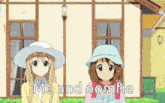 two anime girls are standing next to each other with the words me and oomfie written on the bottom