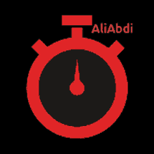 a red and black stopwatch with the name aliabdi on top