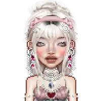 a pixel art of a girl with white hair wearing a pink headband and earrings .