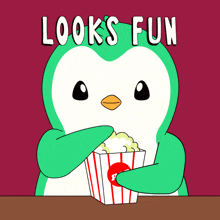 a penguin is holding a bucket of popcorn with the words looks fun below it
