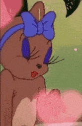 a cartoon cat wearing a blue bow and red lips