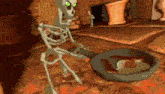 a skeleton with green eyes is holding a frying pan