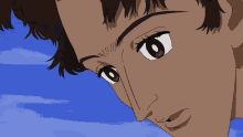 a close up of a person 's face with a blue sky behind them