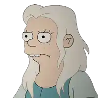a cartoon character with white hair and a blue shirt