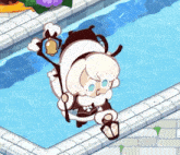 a cartoon character is standing next to a pool holding a lantern and a bell .