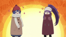 two anime characters are standing next to each other and one has purple hair
