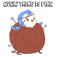 a penguin is tied to a ball of yarn with the words " everything is fine " above it