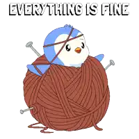 a penguin is tied to a ball of yarn with the words " everything is fine " above it