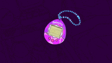 a purple tamagotchi with a yellow screen