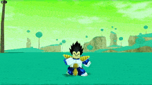 a cartoon character in a video game with a green background and trees