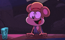 a cartoon of a monkey sitting at a bar next to a glass with the number 5 on it