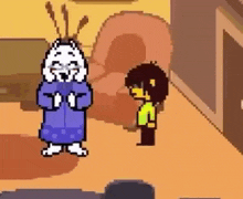 a pixel art of a cartoon character standing next to a girl in a living room .