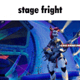 a video game character is playing a guitar and the words stage fright are above her