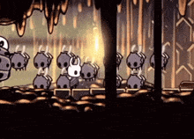 a group of cartoon characters are standing in a dark cave