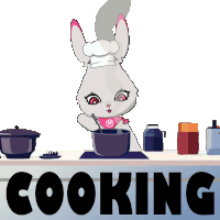 a cartoon of a rabbit cooking with the word cooking behind it