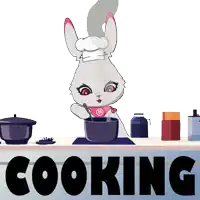 a cartoon of a rabbit cooking with the word cooking behind it