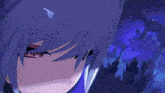 a close up of a girl 's face with a blue background